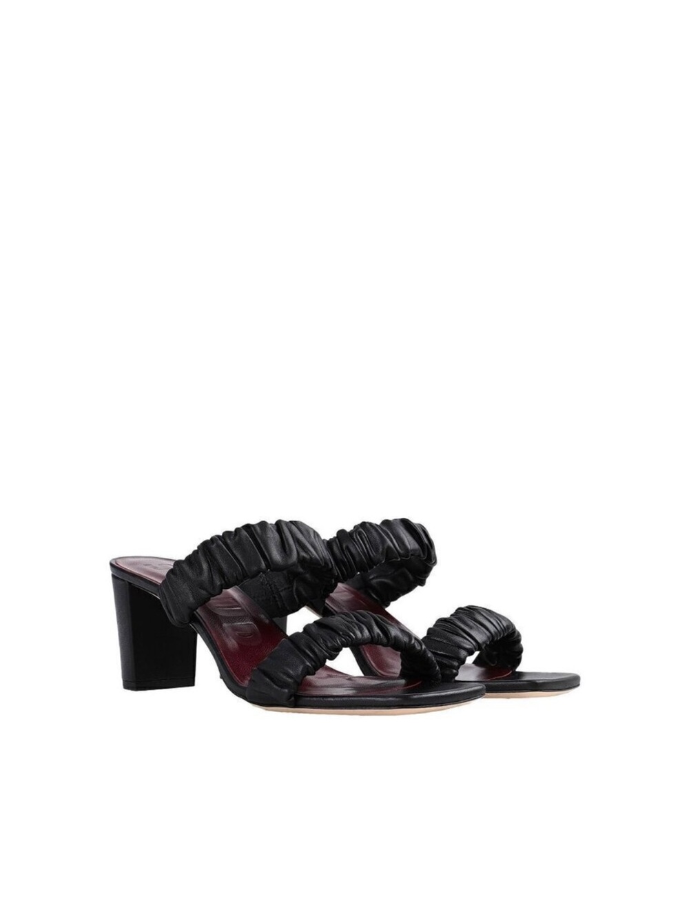 STAUD Black Ruched Double-Strap Block Heel Sandals